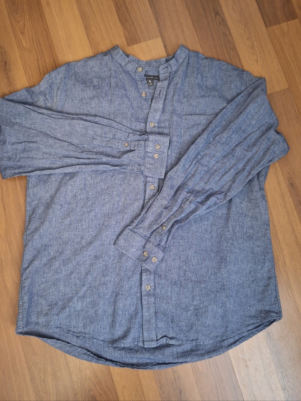Men's Eddie Bauer Band Collar Linen Blend Button Down Chambray Shirt XL Tall